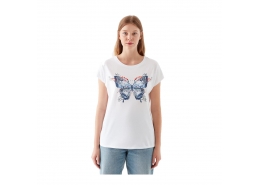 Mavi Kelebek Baskılı Kadın Beyaz Tişört (1600522-620)